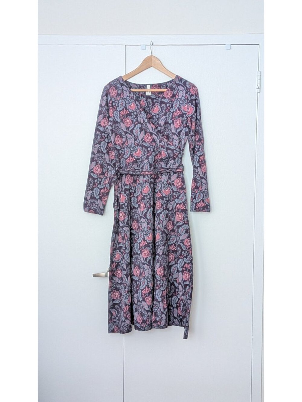 NEW Pact Organic Fit & Flare Wrap Dress Twilight Purple Blooming Vines Size Medi